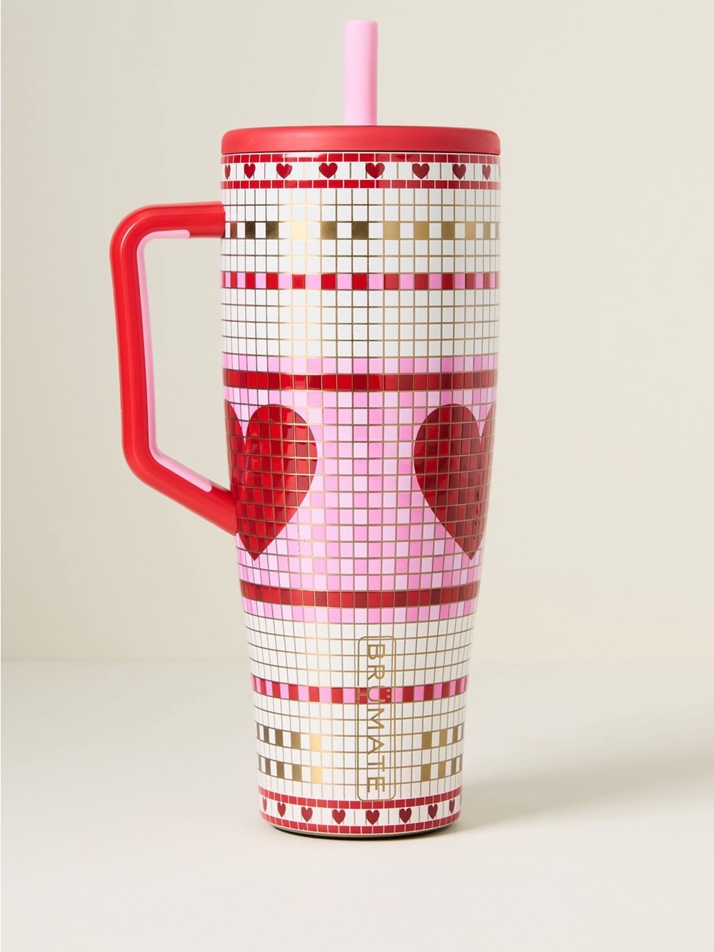 Heart Mosaic Travel Tumbler in Pink & Red with Handle
